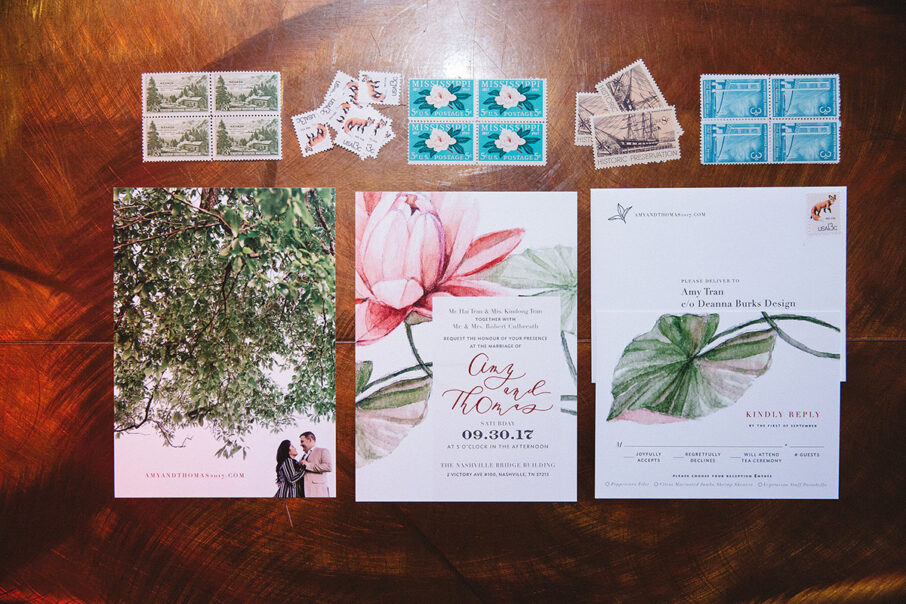 Wedding invitation suite with hand-drawn florals for a Vietnamese-American wedding at the Bridge Building, a downtown Nashville wedding venue