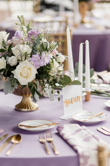 Purple and Gold Garden inspired Wedding Reception Table Setup