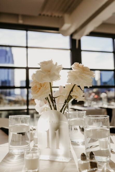 Classic White Rose Centerpiece with White Acrylic Table Number