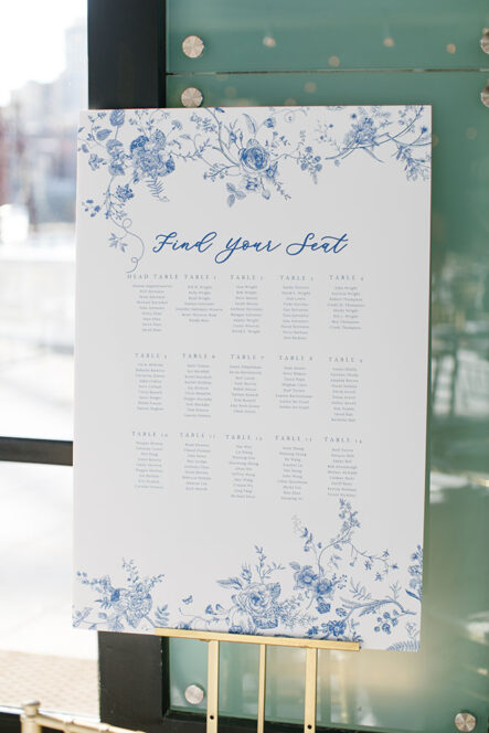 White seating chart with blue floral design and blue writing
