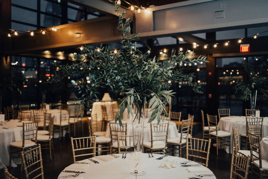 Elevated greenery wedding table centerpiece at the Bridge Building, a downtown Nashville wedding venue